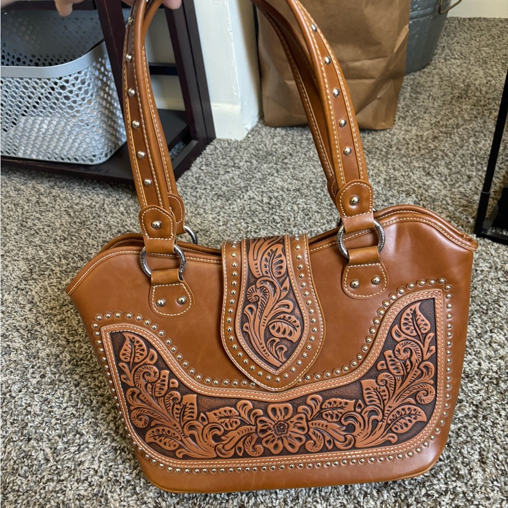 Brown Embossed Leather Handbag